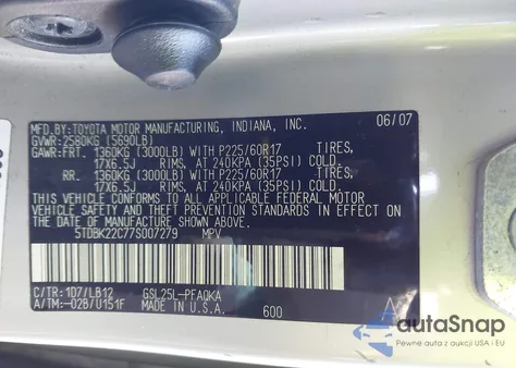 2007 Toyota Sienna Xle z USA, uszkodzony, nr VIN 5TDBK22C77S007279